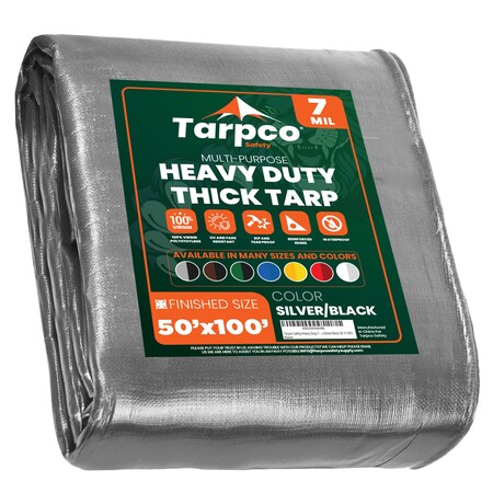 Tarpco Safety Heavy Duty Tarp, 100 ft L x 0.5 mm H x 50 ft W, 7 Mil, Silver/Black, Polyethylene TS-201-50X100